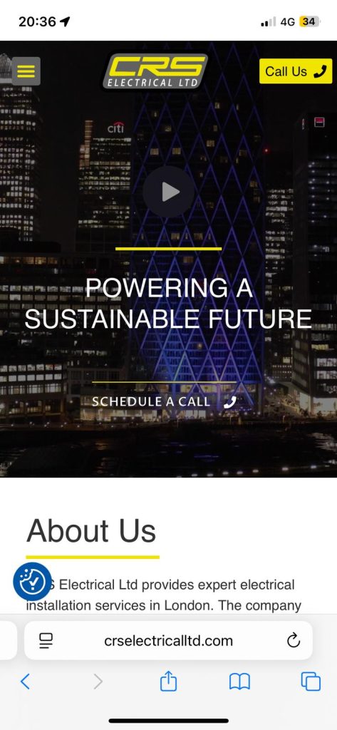 Bespoke mobile header design for CRS Electrical Ltd by IWS, featuring a London skyline video and custom typography.